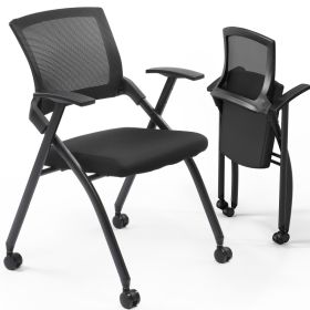 2 Pack Stackable Conference Room Chairs With Wheels, Folding Office Chair With Rebound Back, Padded Seat For Training Room, Guest, Reception, Eve (Option: Black)