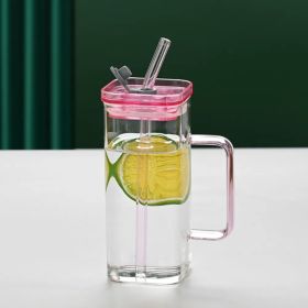 1 Pcs Pink Glass Straw Cup, 6 Colors Square Glass Cup With Straw And Lid, High Borosilicate Glass Cup, Milk Cup, Juice Cup, Cold Drink Cup, Coffe (Option: Pink)